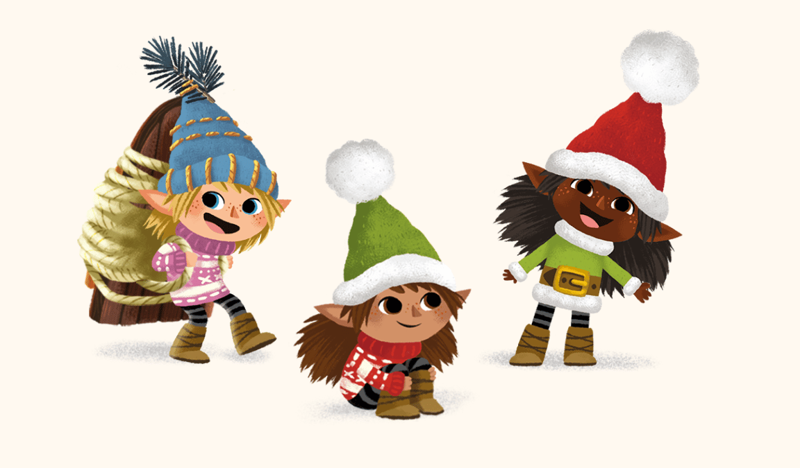 Drei kleine unterschiedlich personalisierte Wichtel mit bunten Mützen schauen vergnügt drein