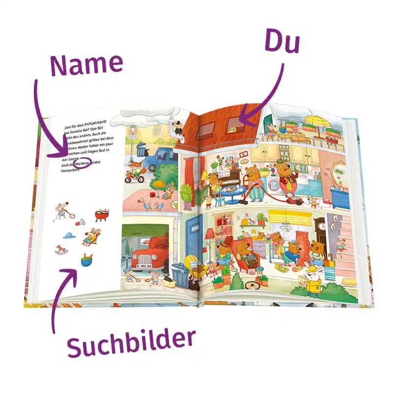 Aufgeschlagene Seite mit Personalisierungsoptionen Suchbilder und Name