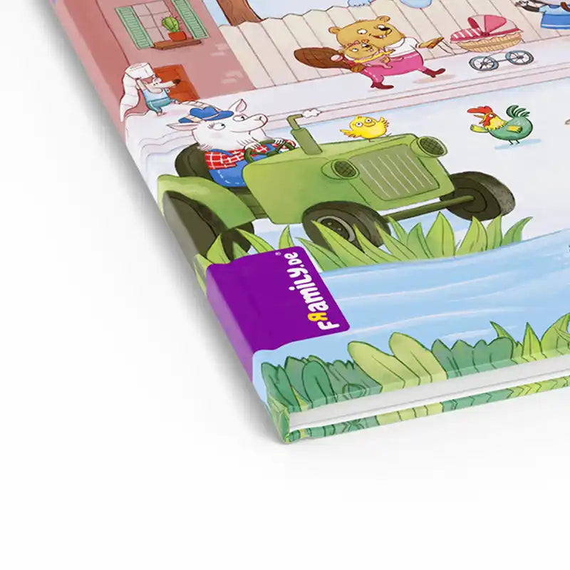 Detailansicht des Buchrückens eines illustrierten Wimmelbuches.