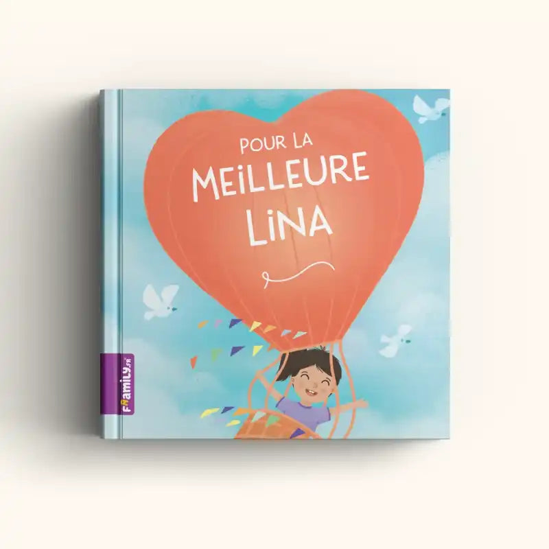 « Pour le meilleur enfant du monde » de Framily est un livre pour enfants personnalisé avec une montgolfière rouge, un enfant souriant, des oiseaux blancs et un ciel bleu - un cadeau unique pour le meilleur enfant.