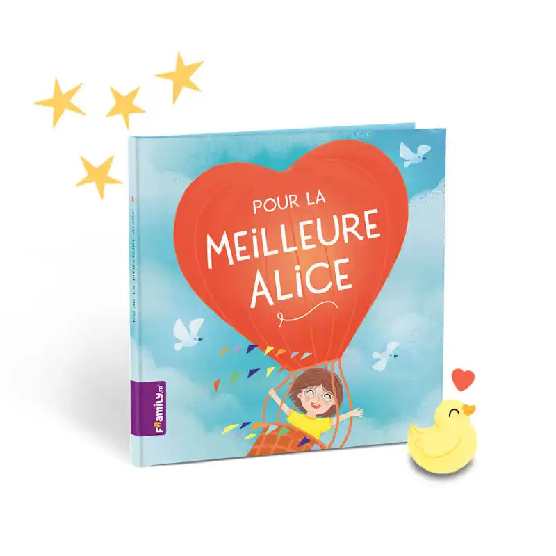 « Pour le meilleur enfant du monde » de Framily est un livre pour enfants personnalisé avec une montgolfière rouge, un enfant souriant, des oiseaux blancs et un ciel bleu - un cadeau unique pour le meilleur enfant.