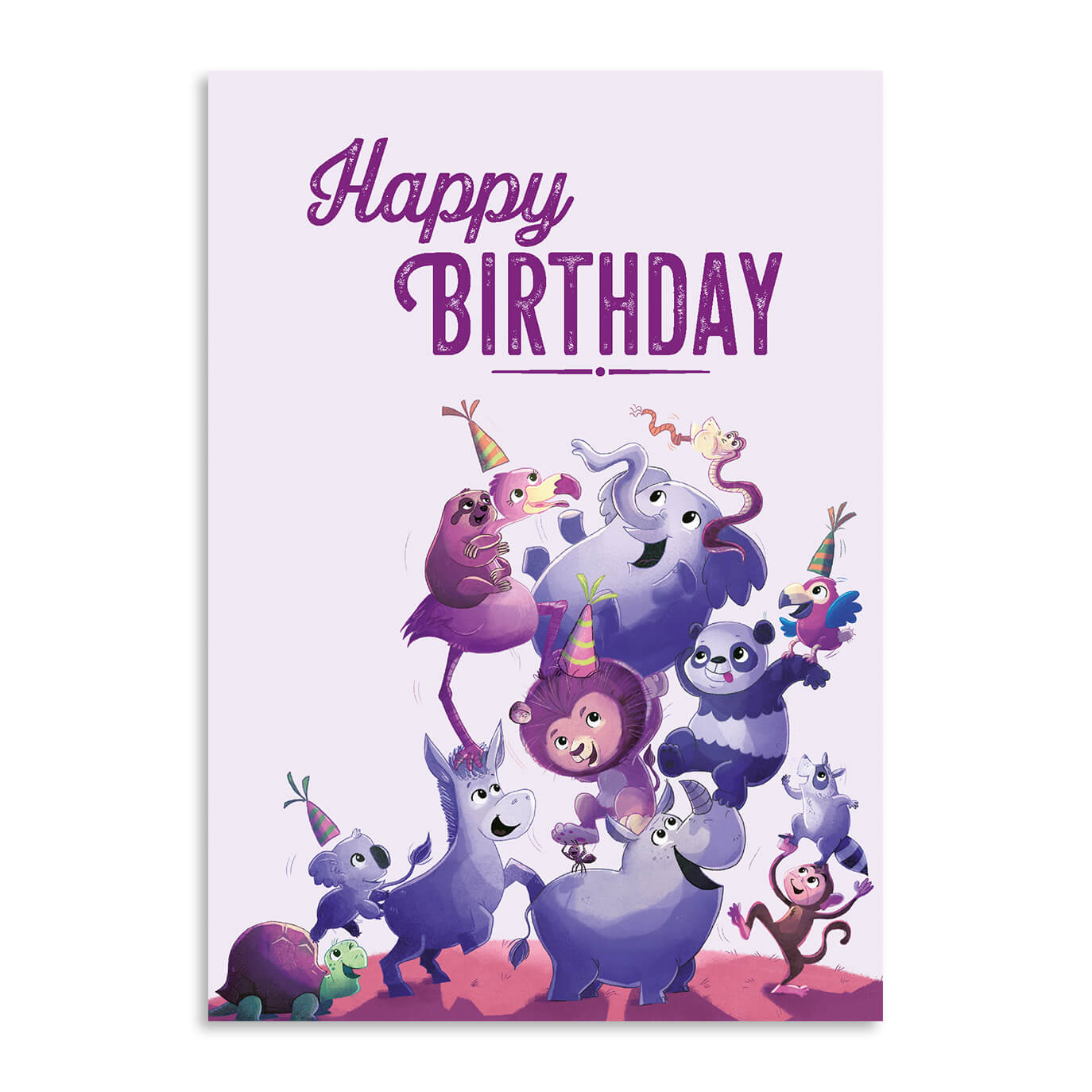 Grußkarte mit Schriftzug Happy Birthday und lustigen, feiernden Tieren