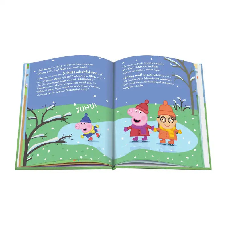 Aufgeschlagene Seite, auf der Peppa Pig mit dem personalisierten Kind Schlittschuhe läuft