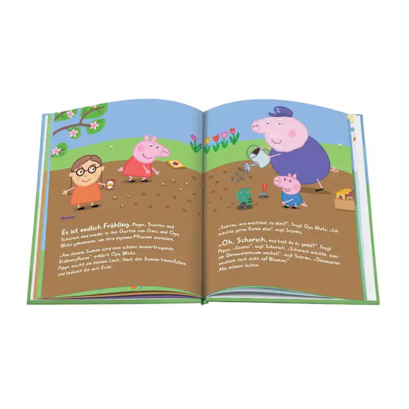 Aufgeschlagene Seite, auf der Peppa, Schorsch, Opa Wutz und Sabrina zusammen gärtnern