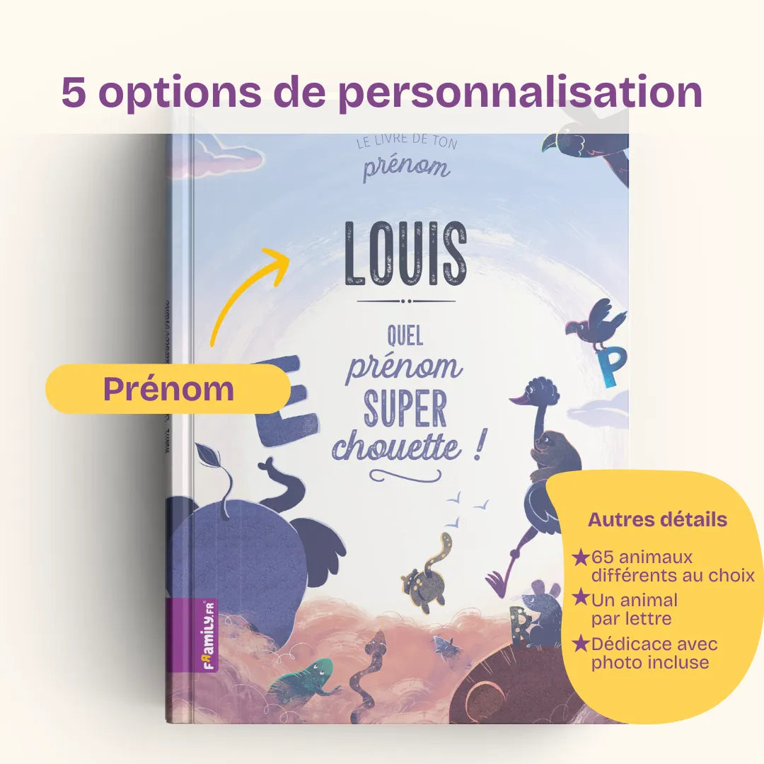 5 options de personnalisation : le prénom, 65 animaux différents au choix, un animal pour chaque lettre, une dédicace personnalisée avec photo.