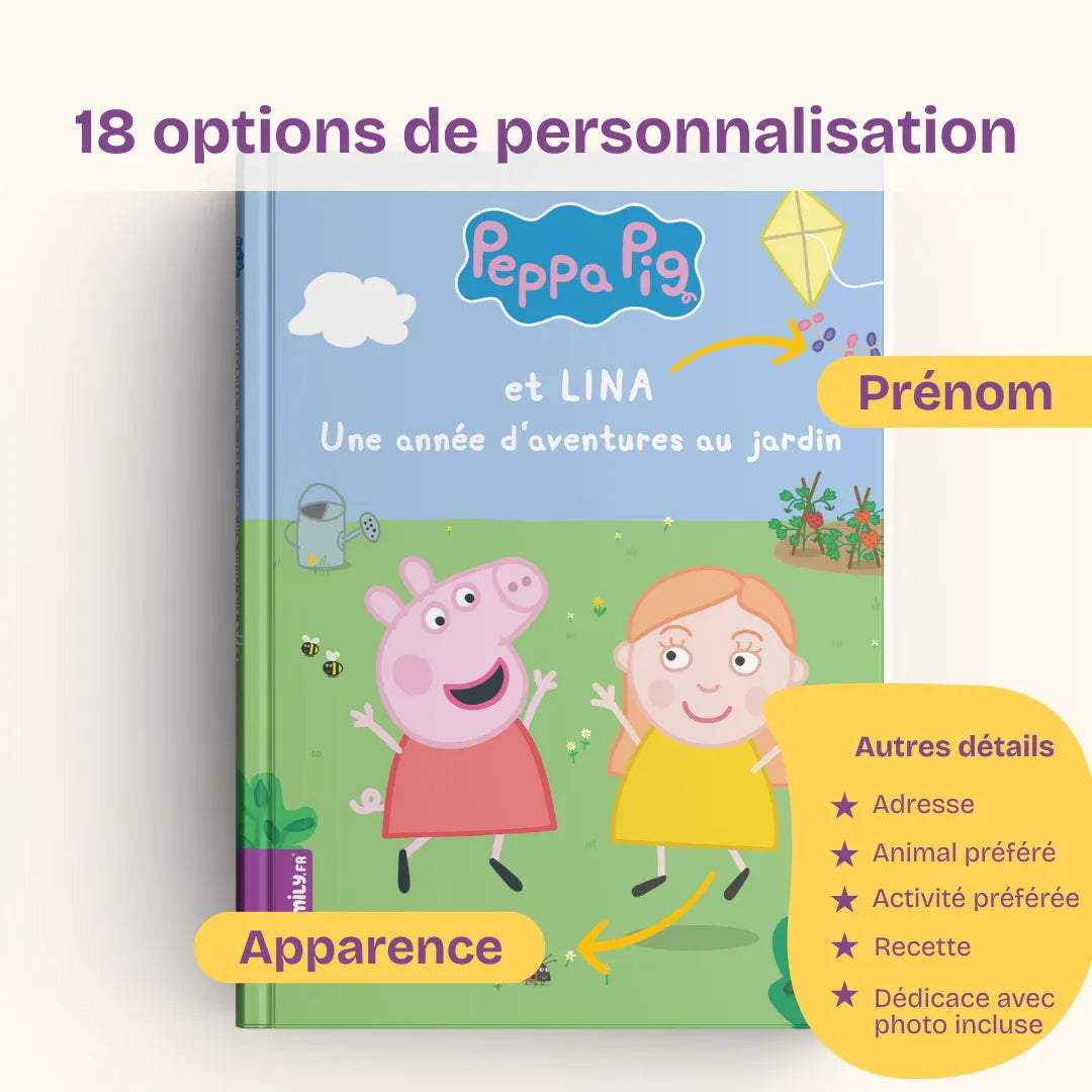 18 options de personnalisation : nom et apparence, adresse, animal préféré, activité préférée, recette, dédicace avec photo incluse.