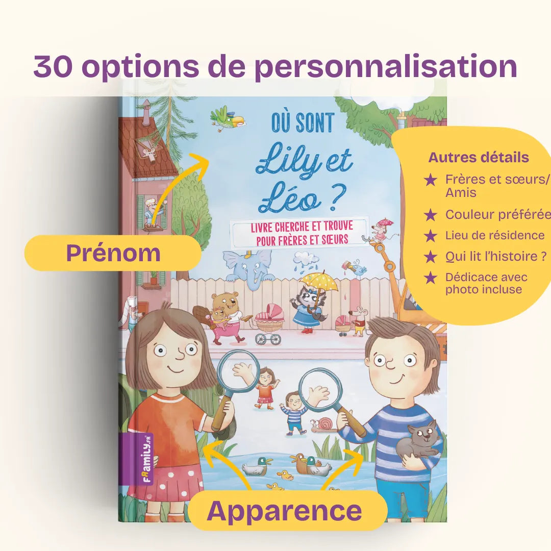 30 options de personnalisation : nom et apparence des deux enfants, relation entre les enfants (frères et sœurs / amis), glace et couleur préférées, lieu de résidence, qui lit l’histoire ?, dédicace avec photo incluse.