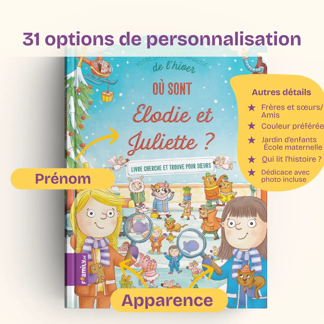 31 options de personnalisation : prénoms, apparence, frères et sœurs / amis, couleur préférée, jardin d’enfants / école, qui lit l’histoire ?, dédicace avec photo incluse.