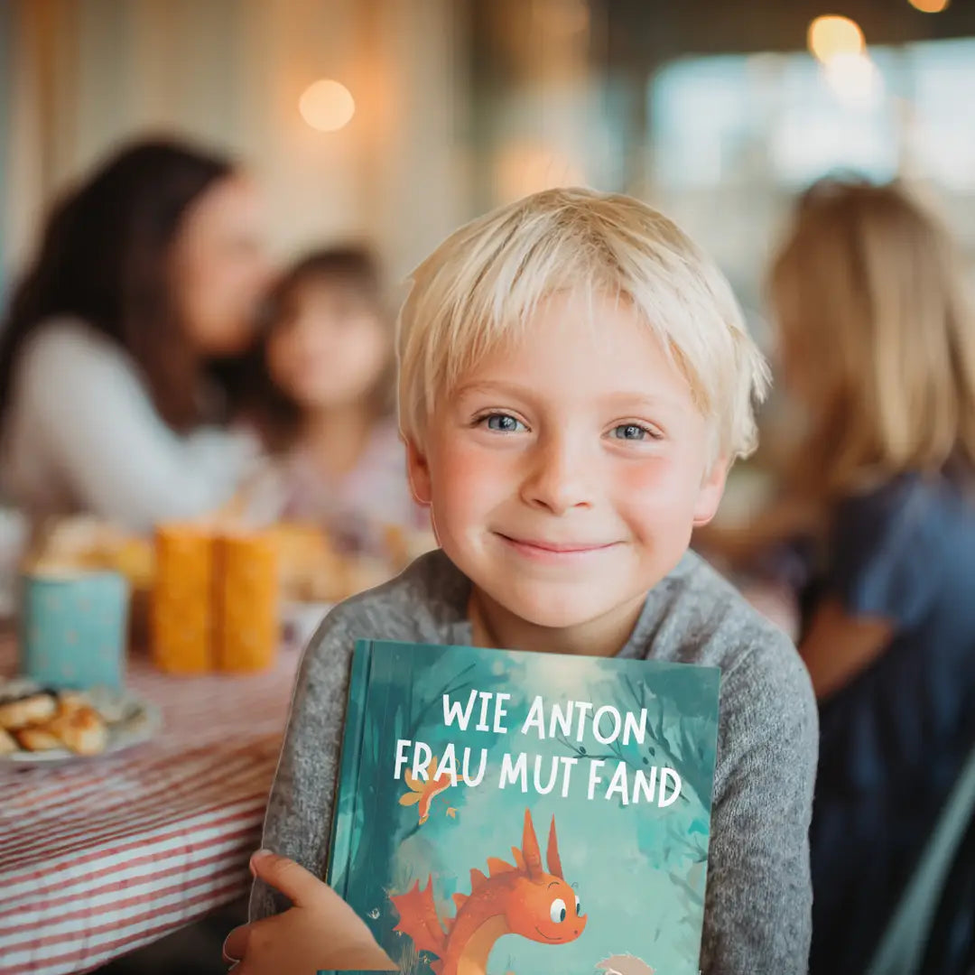 Junge hält lächelnd das Buch Wie Anton Frau Mut fand im Arm