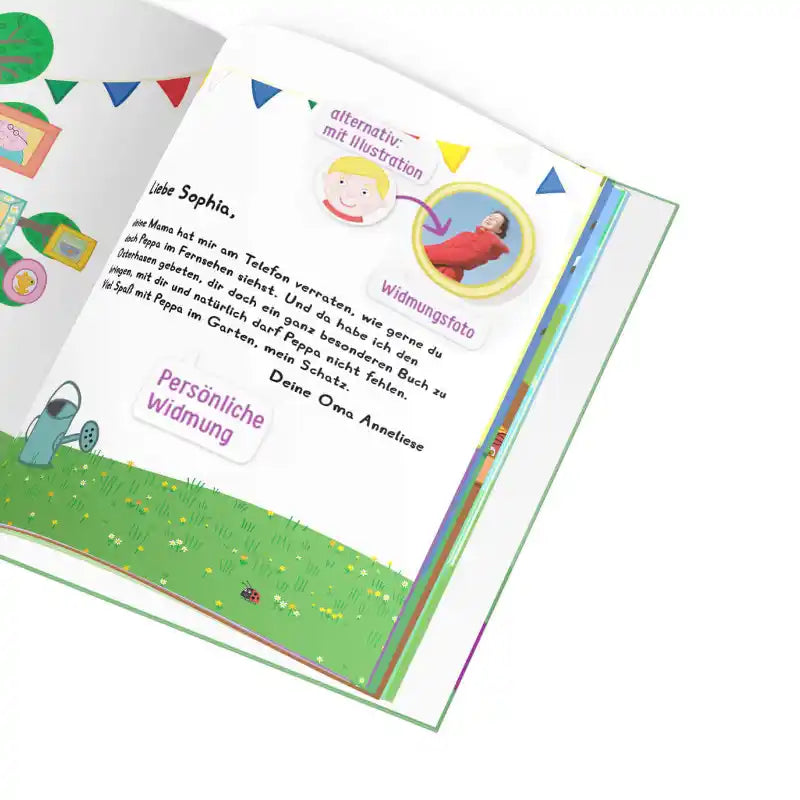 Personalisierte Widmungsseite mit Foto eines Kinde (alternativ: Illustration). Unten ist Rasen abgebildet und oben eine bunte Wimpelkette.