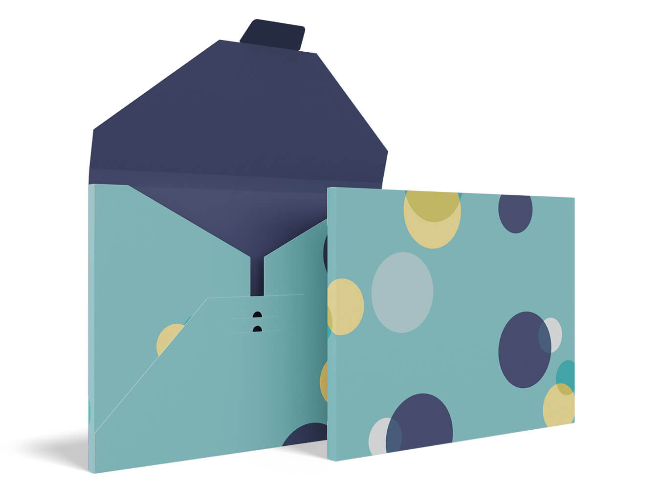 Die Geschenkverpackung „Blau“ von Framily besteht aus einem blauen Umschlag mit marineblauem Innenleben, das außen mit gelben, blauen und marineblauen Kreisen verziert ist – ideal zum Verschenken und Schaffen unvergesslicher Momente.