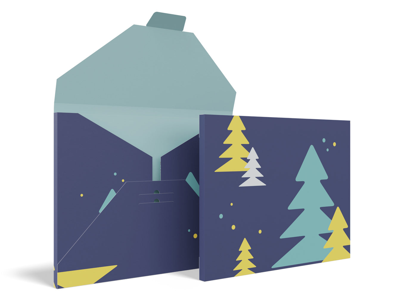 Blaue Geschenkverpackung mit gelben und grünen Tannenbäumen