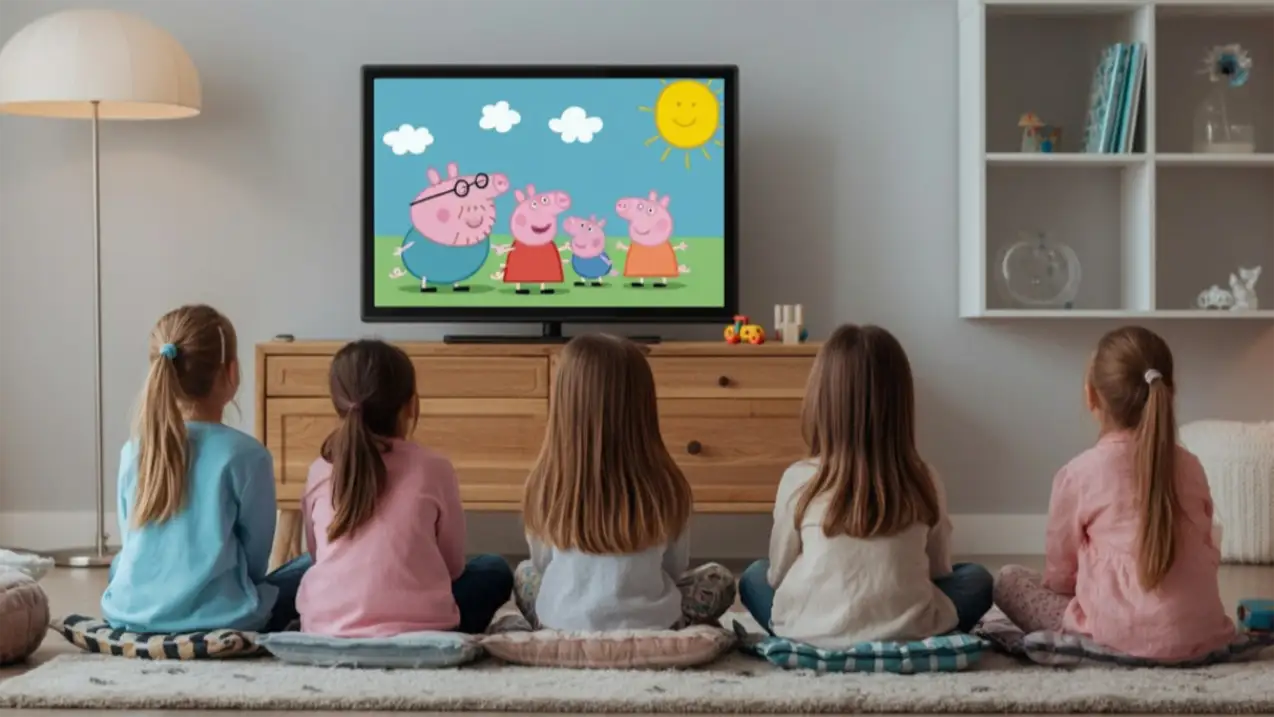 Mädchen schauen Peppa Wutz im Fernsehen