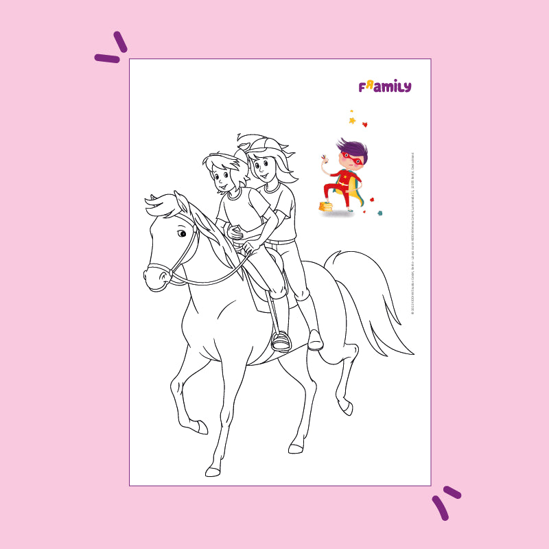 Ausmalbild zum kostenlosen Download: Bibi und Tina reiten lächelnd auf einem Pferd