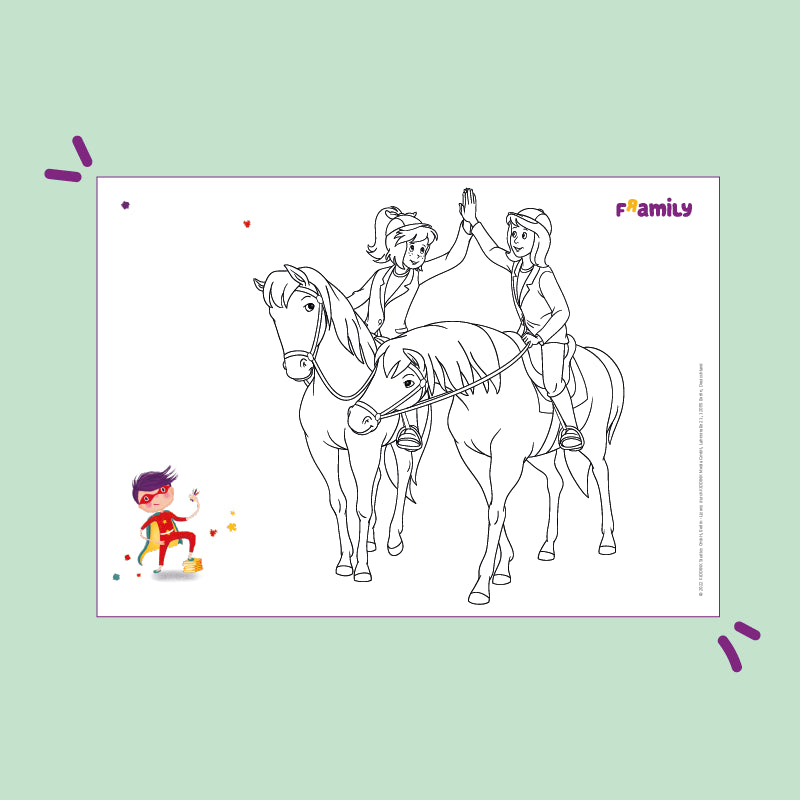 Ausmalbild zum kostenlosen Download: Bibi und Tina sitzen auf ihren Pferden Amadeus und Sabrina und geben sich ein "High Five".