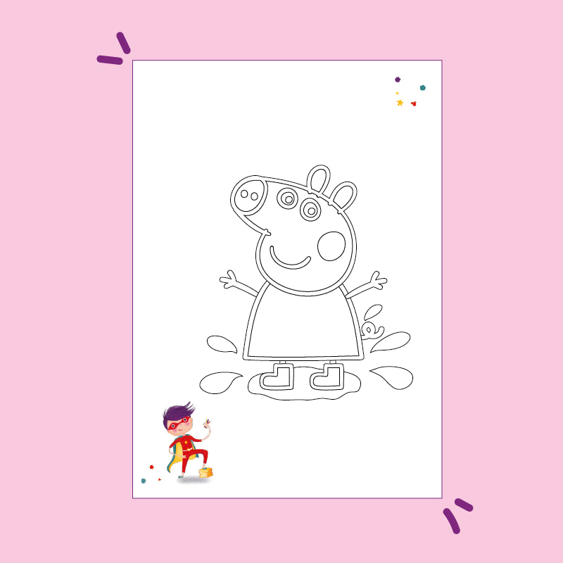 Ausmalbild zum kostenlosen Download:  Peppa Pig lächelt und plätschert in einer Pfütze.