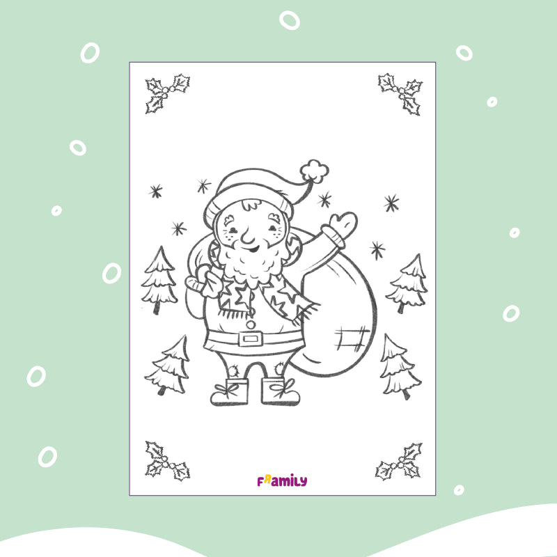 Ausmalbild zum kostenlosen Download:  Santa Claus lächelnd und winkend mit seinem Geschenksack, umgeben von Weihnachtsbäumen, Stechpalmen und Schneeflocken.