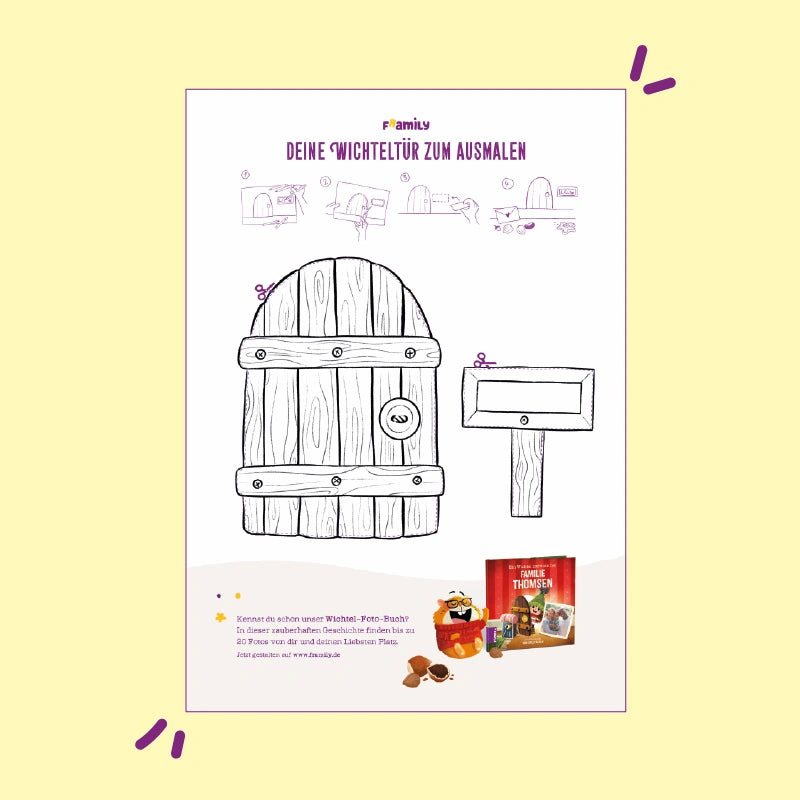 Bastelvorlage für eine Wichteltür zum kostenlosen Download: 
hölzernen Wichteltür sowie ein Briefkasten zum Ausschneiden und Anmalen.