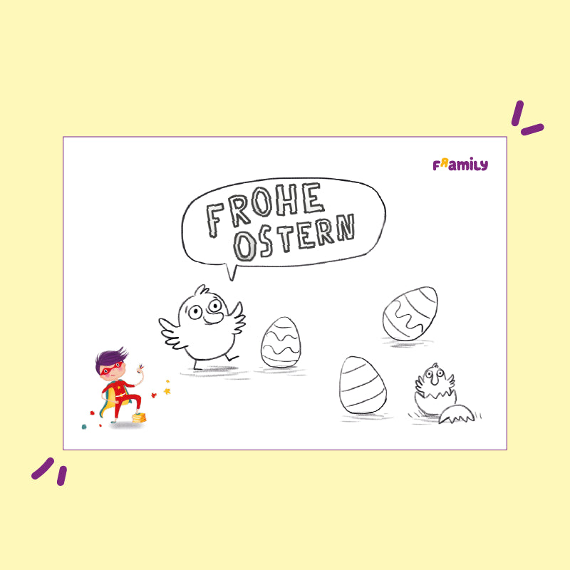 Ausmalbild zum kostenlosen Download:
Eine verspielte Ostermotiv-Malvorlage mit fröhlichen Küken, dekorierten Eiern und einer Sprechblase mit dem Spruch "Frohe Ostern". 