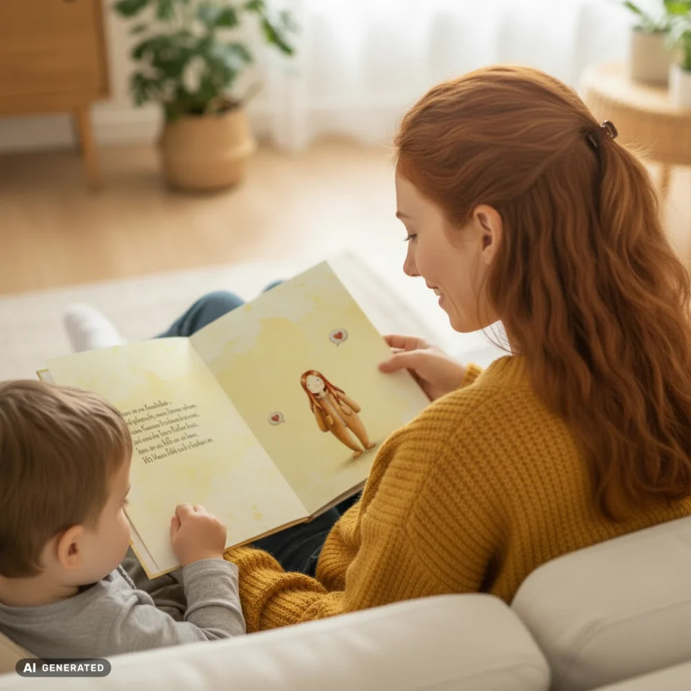 Mama und Kind sitzen auf dem Sofa und lesen das Framily Mama-Buch