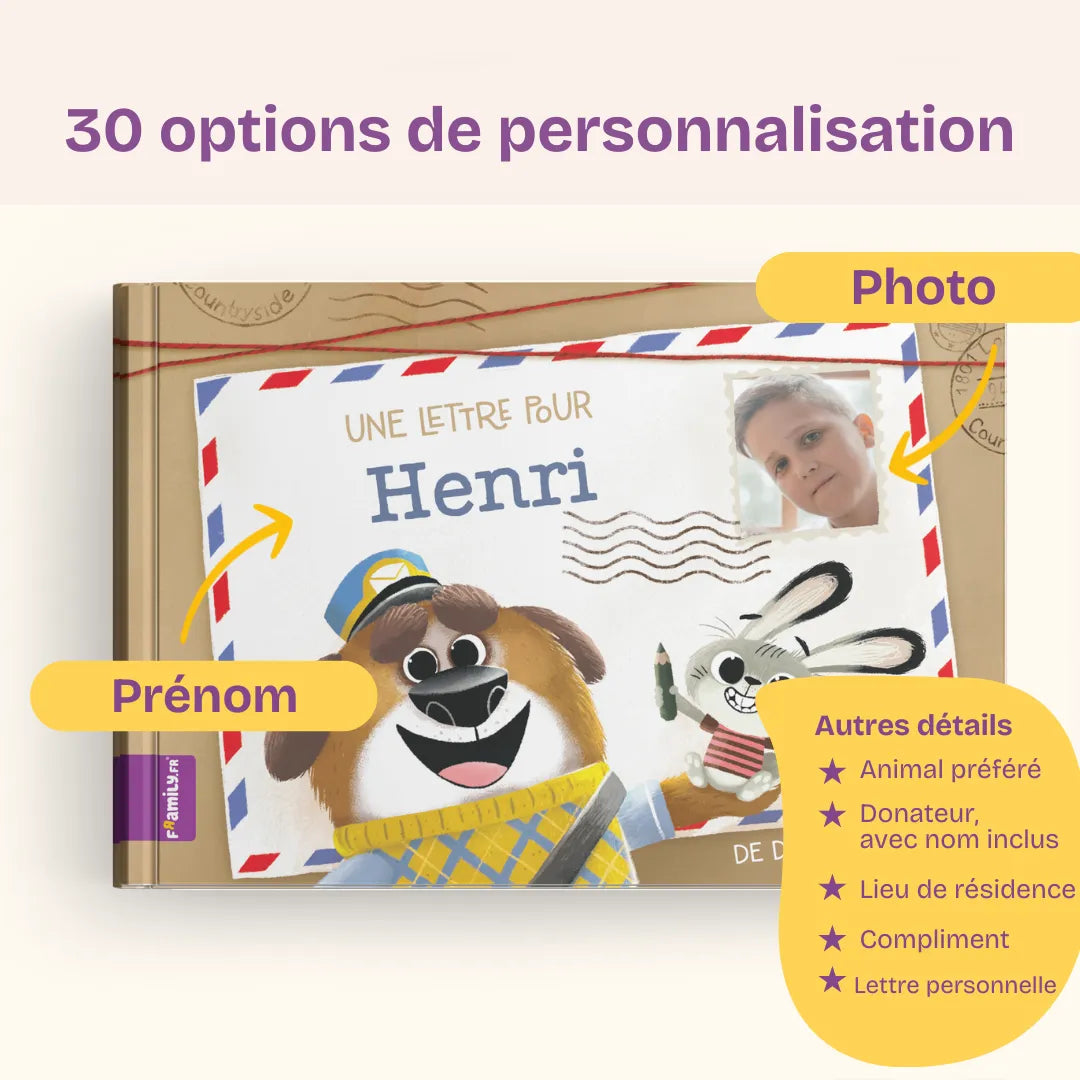 30 options de personnalisation : nom et apparence, photo sur la couverture, glace, animal et chanson préférés, nom du/de la donateur·trice, lieu de résidence, compliment, lettre personnelle.
