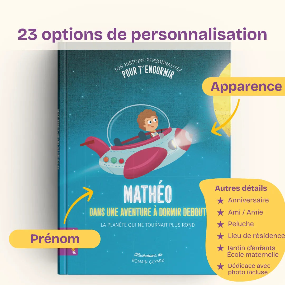 23 options de personnalisation : nom et apparence, date d’anniversaire, ami·e, doudou, lieu de résidence, jardin d’enfants / école maternelle / école, dédicace avec photo incluse.