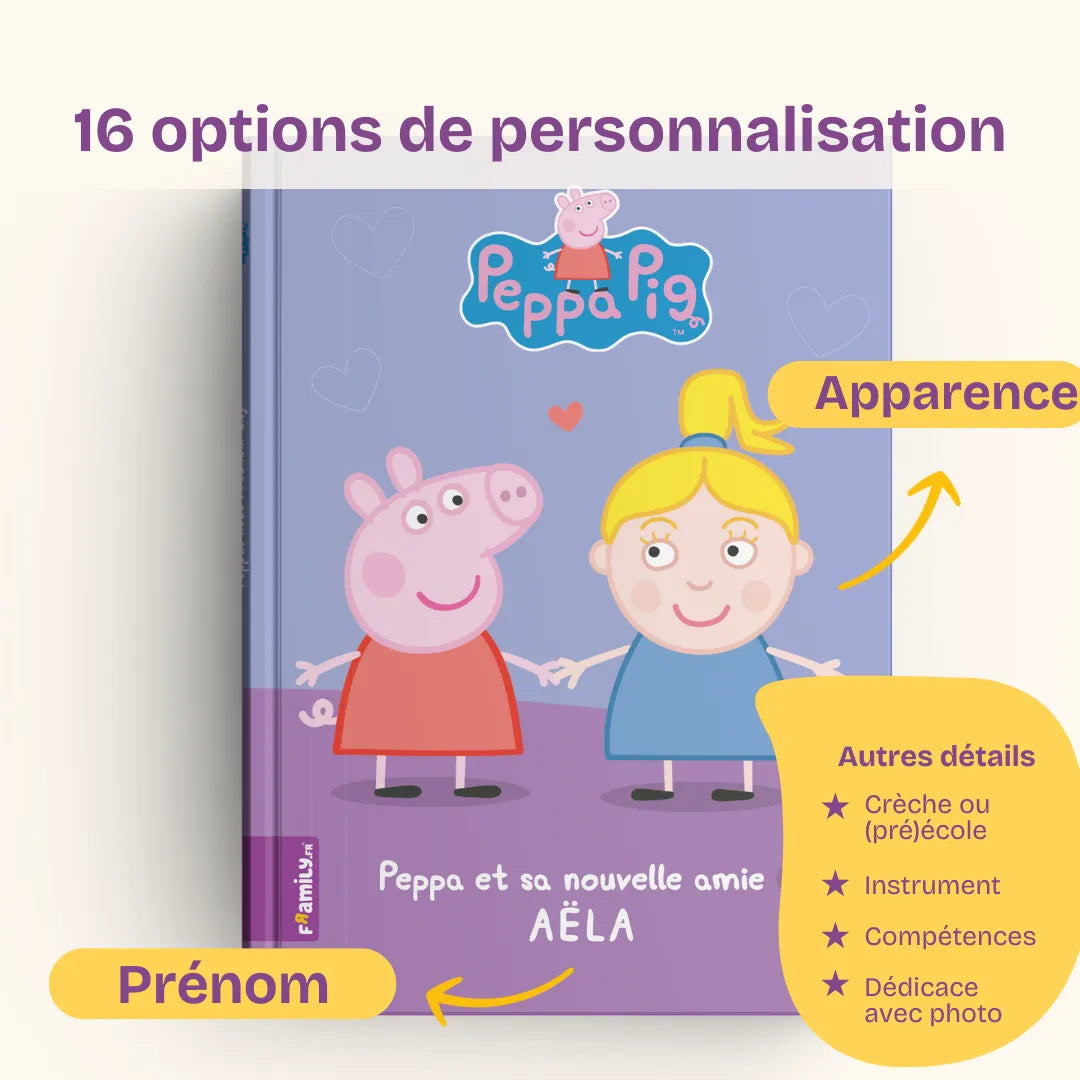 16 options de personnalisation : nom, apparence, crèche ou (pré-)école, instrument, compétences, dédicace avec photo incluse.