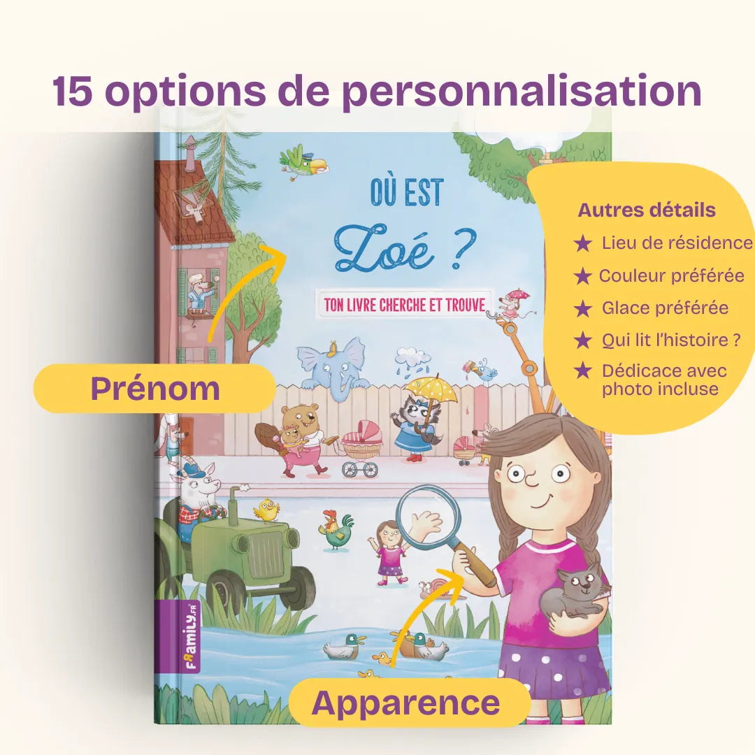15 options de personnalisation : nom et apparence de l’enfant, lieu de résidence, couleur et glace préférées, qui lit l’histoire ?, dédicace avec photo incluse.