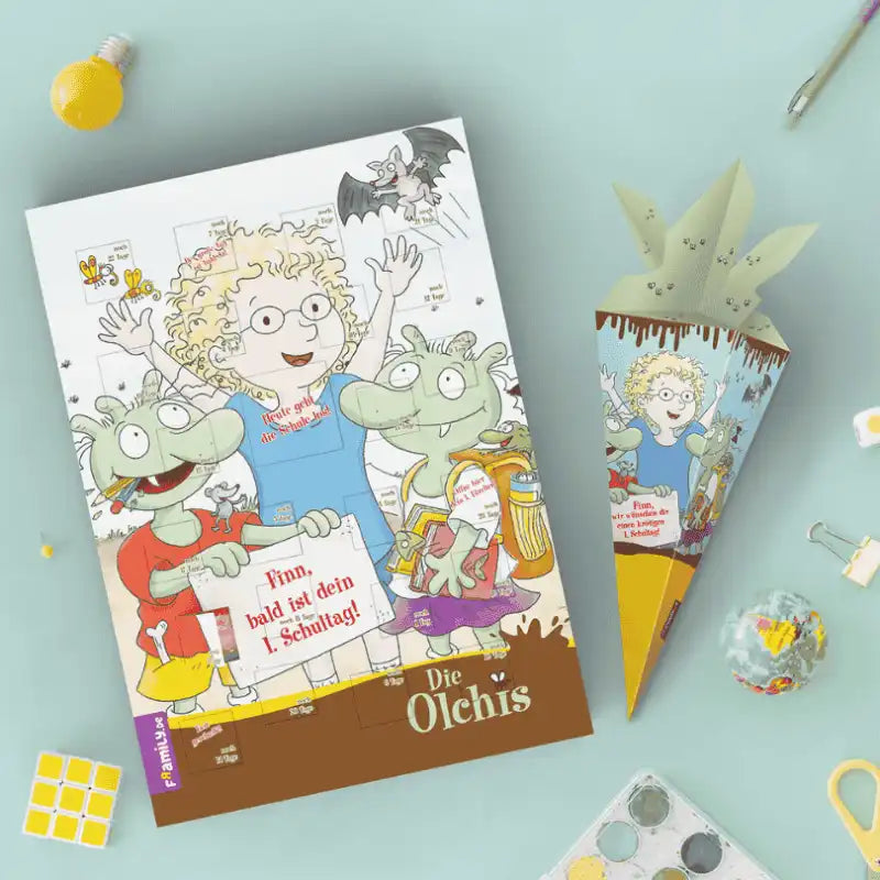 Der Olchis Countdown-Schulstart-Kalender von Framily mit passender  Olchis-Schultüte - die perfekte Kombination für die Einschulung!